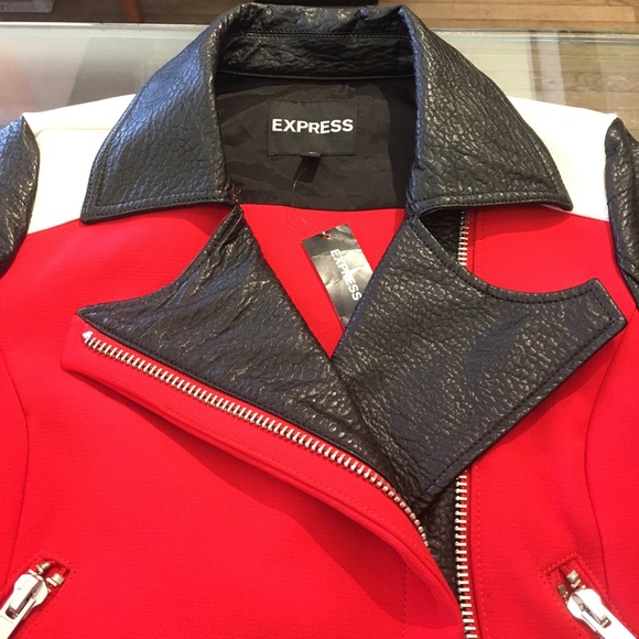 Express Color Block Moto Jacket Red Black & White - Picture 7 of 7